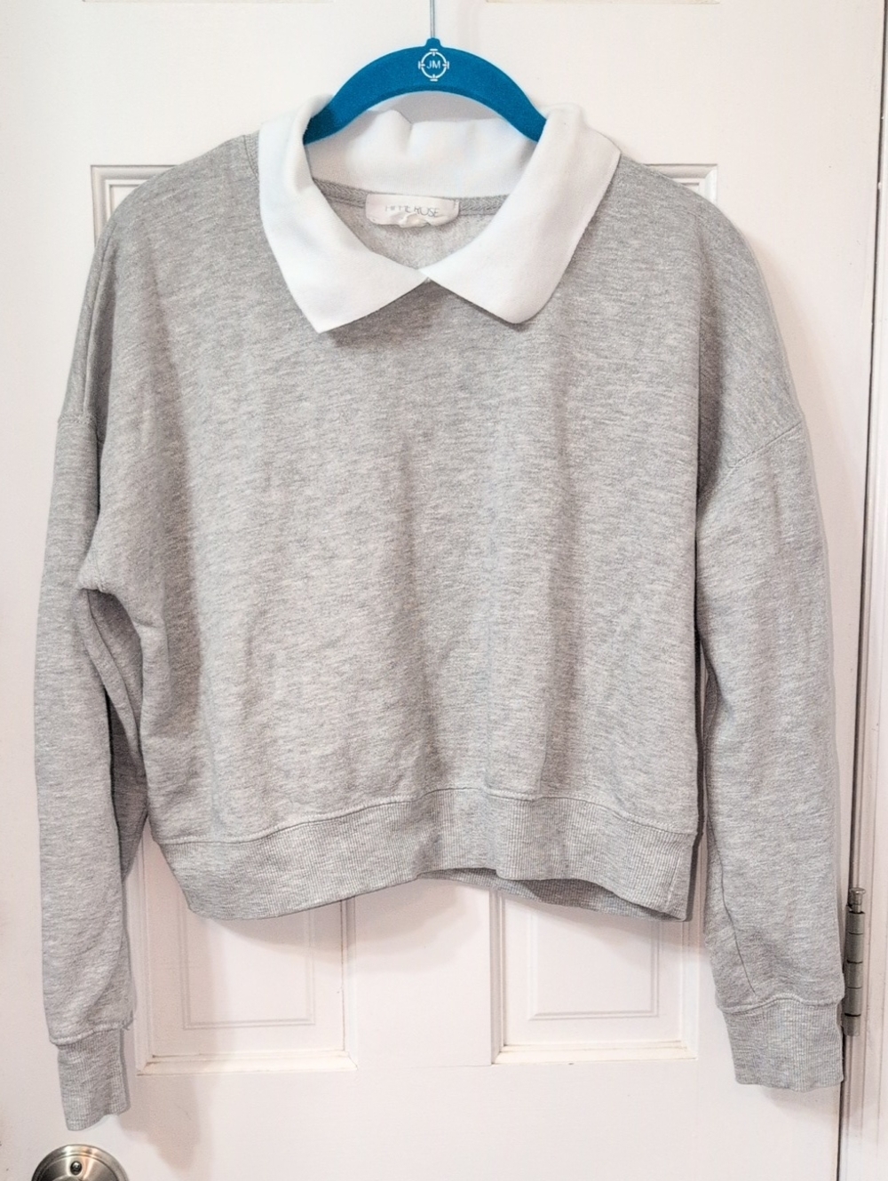 Grey Crop Sweatshirt with White Peter Pan Collar - Women Tops